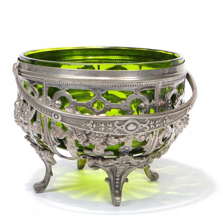 Eclectic Jardiniere, silver metal, green glass, Denmark, 1920s - 361099