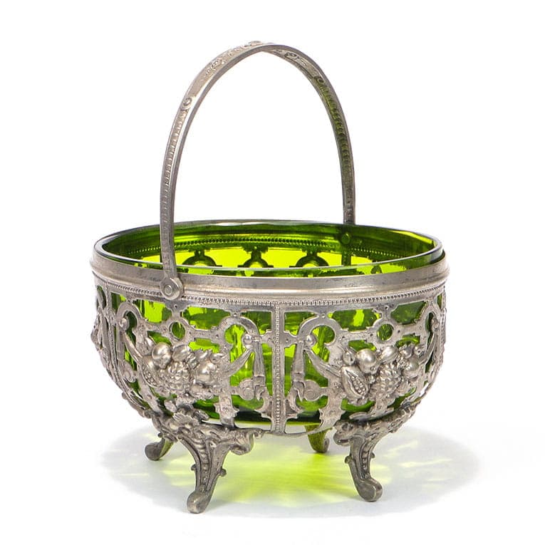 Eclectic Jardiniere, silver metal, green glass, Denmark, 1920s - 361098