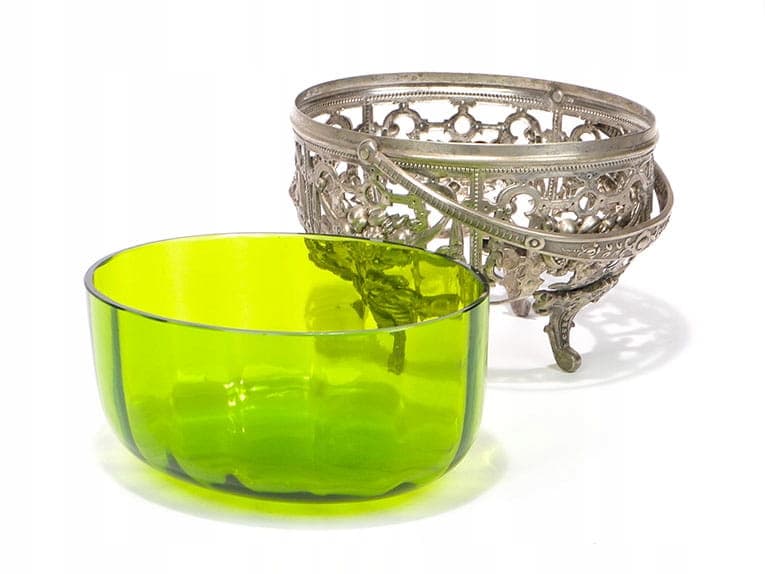 Eclectic Jardiniere, silver metal, green glass, Denmark, 1920s - 361103
