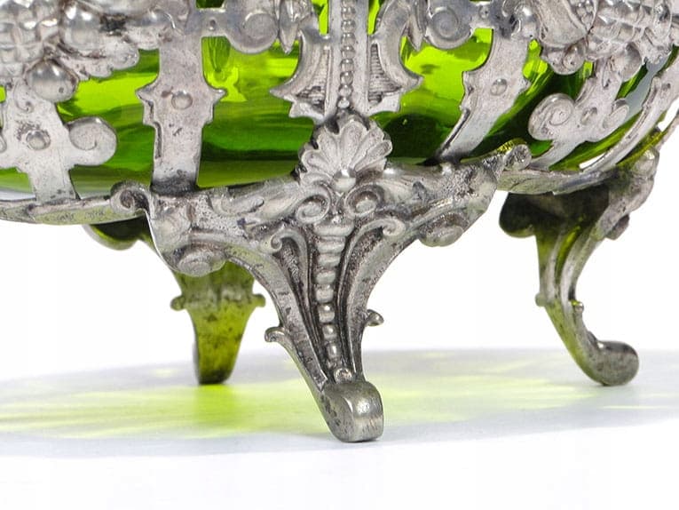 Eclectic Jardiniere, silver metal, green glass, Denmark, 1920s - 361101
