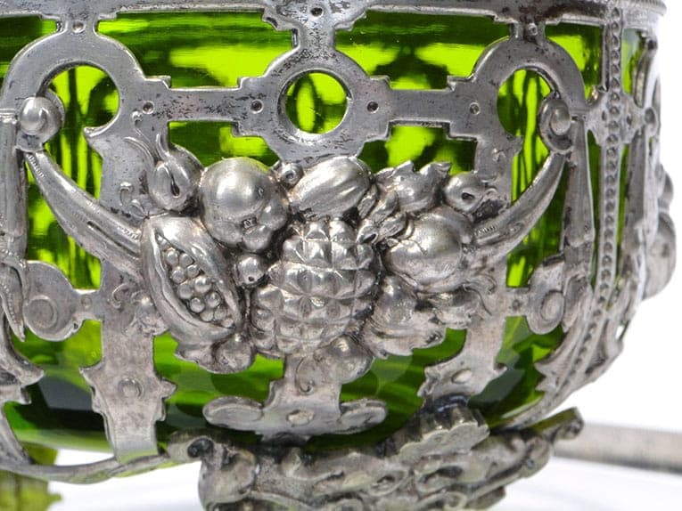 Eclectic Jardiniere, silver metal, green glass, Denmark, 1920s - 361104