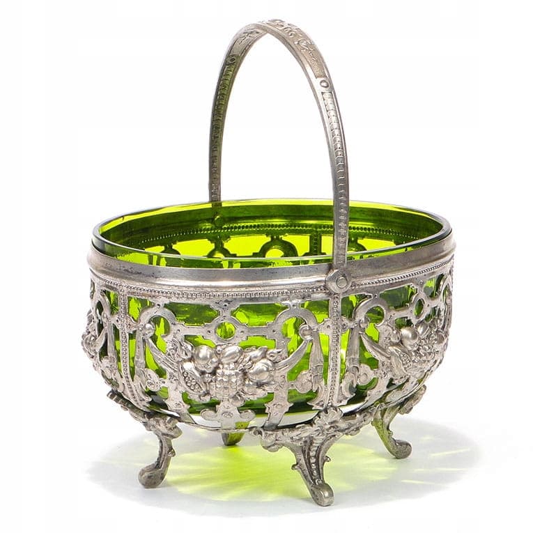 Eclectic Jardiniere, silver metal, green glass, Denmark, 1920s - 361100