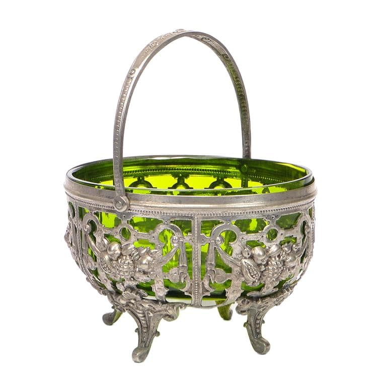 Eclectic Jardiniere, silver metal, green glass, Denmark, 1920s - 361879