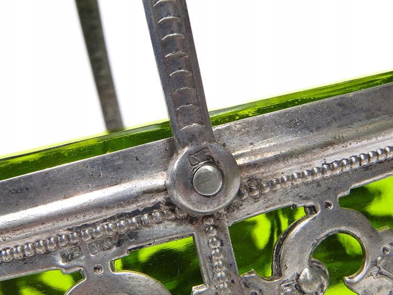 Eclectic Jardiniere, silver metal, green glass, Denmark, 1920s - 361097