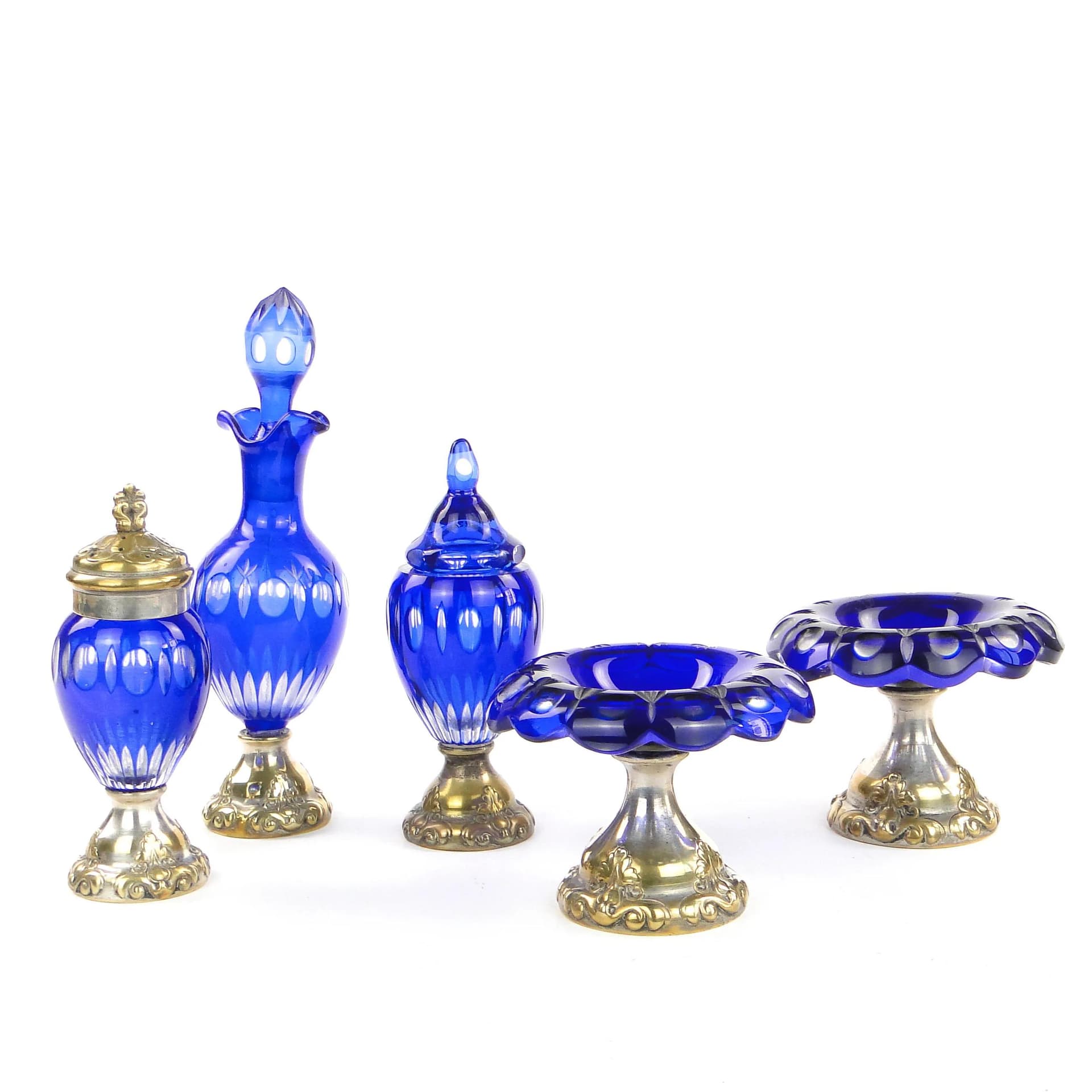 Tableware set Biedermeier, blue crystal, silver-plated brass, Denmark, early 20th century - 361124
