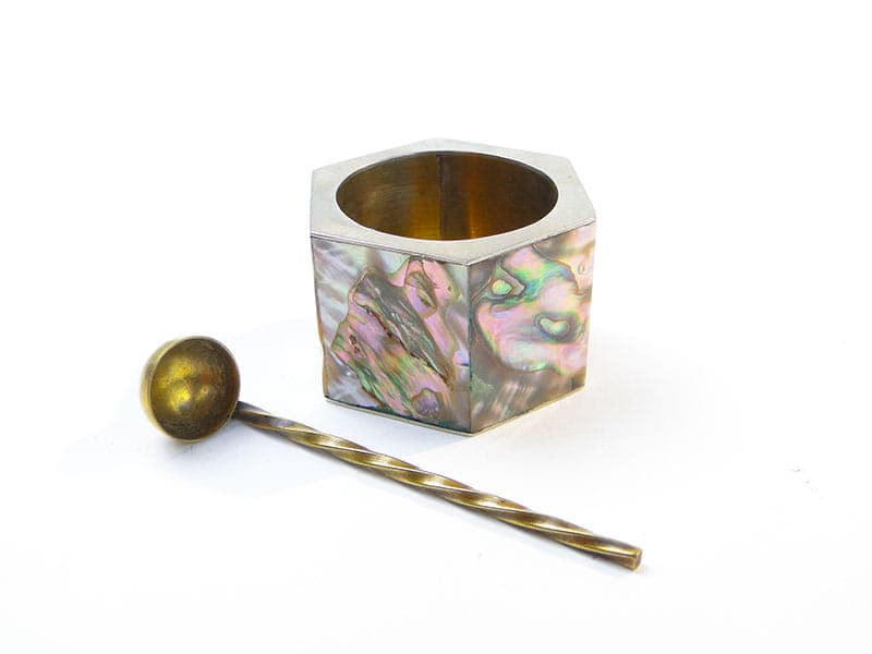 Geometric salt cellar, mother-of-pearl, white metal, Mexico, 1970s. - 361130