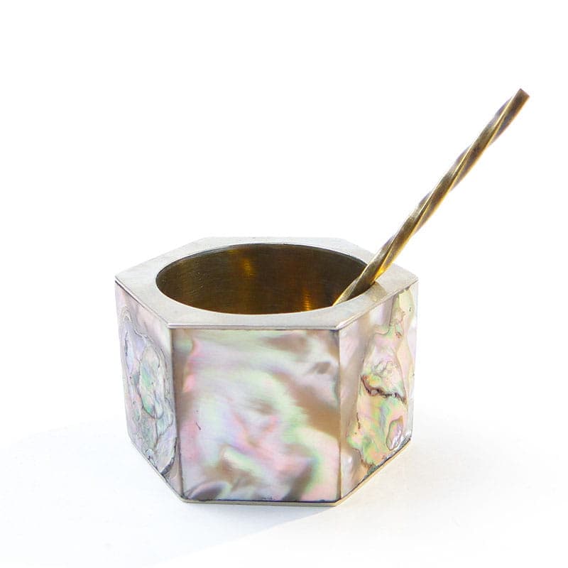 Geometric salt cellar, mother-of-pearl, white metal, Mexico, 1970s. - 361128