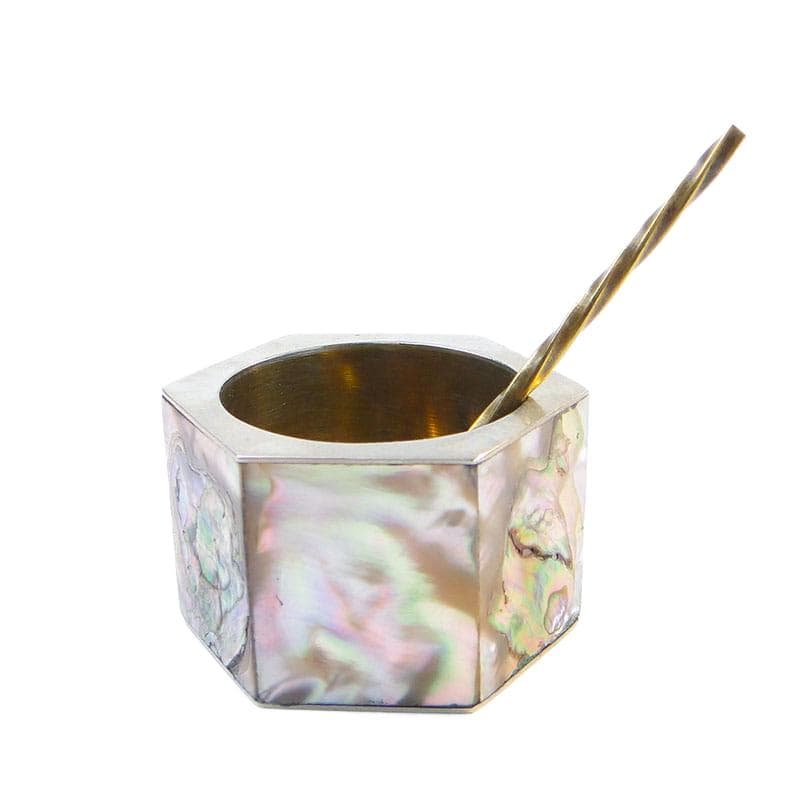 Geometric salt cellar, mother-of-pearl, white metal, Mexico, 1970s. - 361914