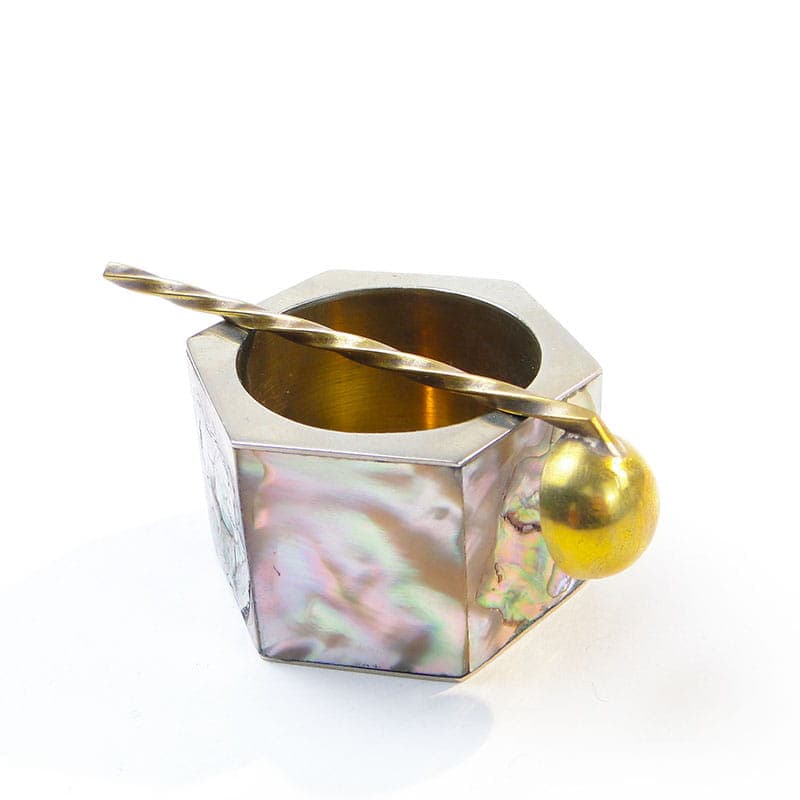 Geometric salt cellar, mother-of-pearl, white metal, Mexico, 1970s. - 361129