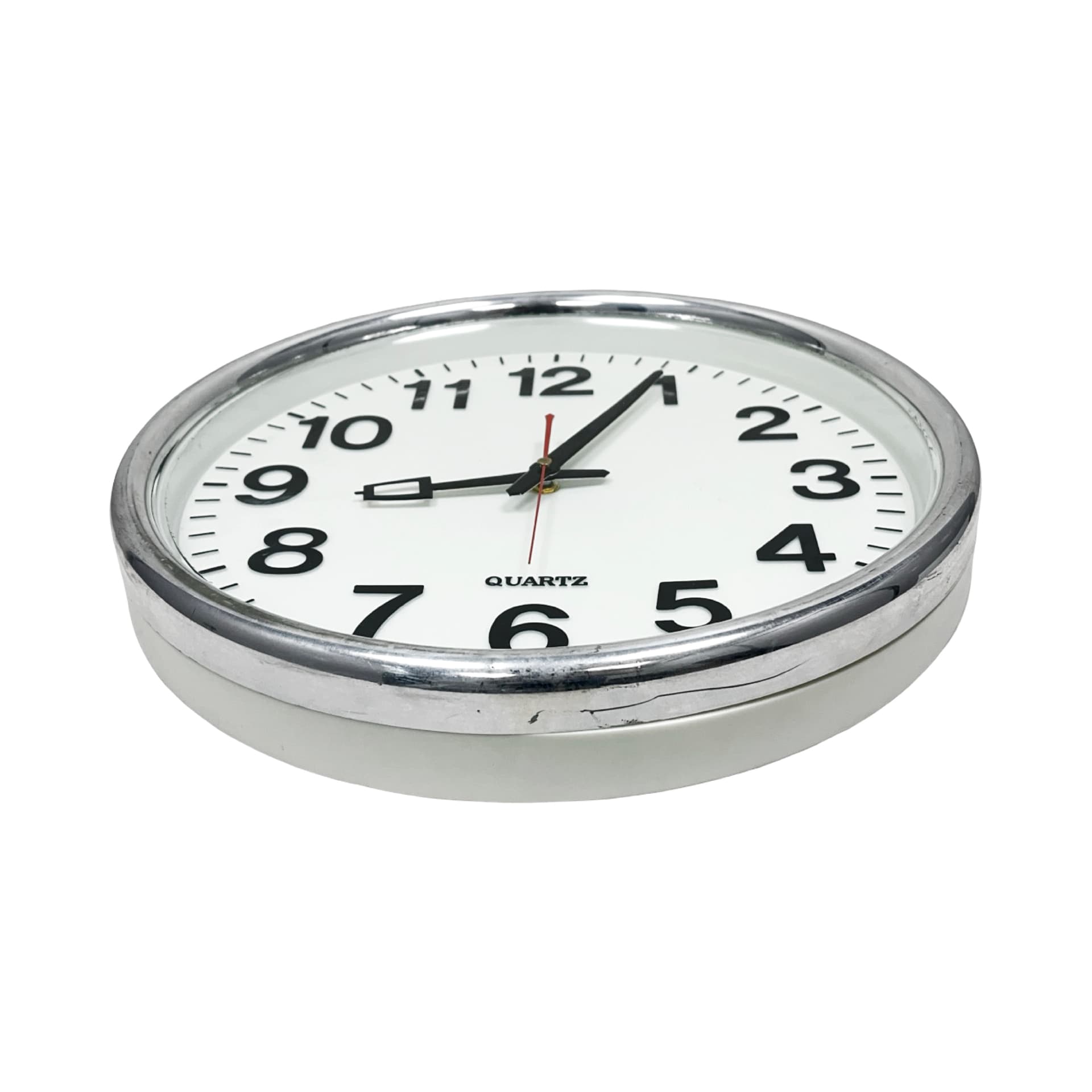Zegar ścienny okrągły, biały, metal chromowany, Niemcy, lata 90. - 361195