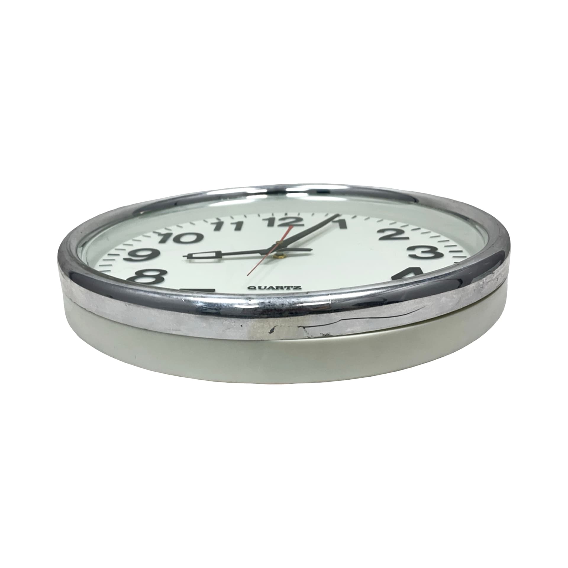 Zegar ścienny okrągły, biały, metal chromowany, Niemcy, lata 90. - 361192