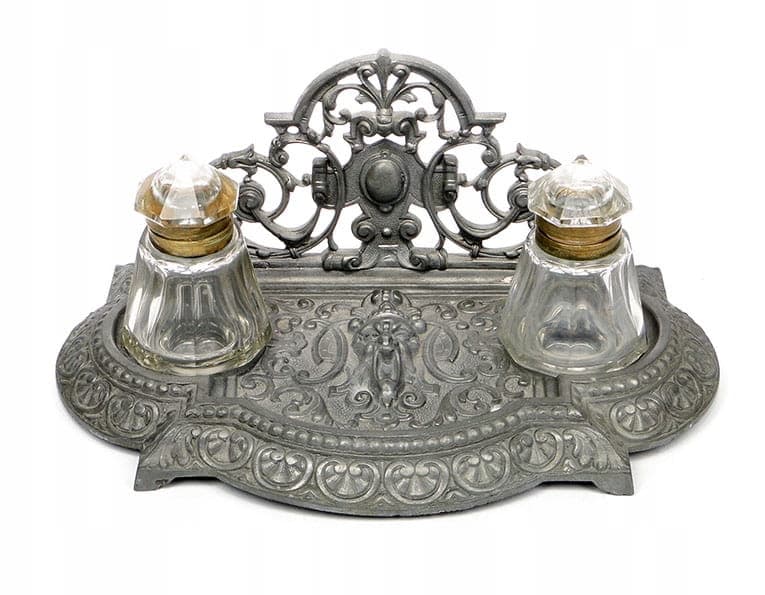 Kałamarz eklektyczny, srebrny, inny metal, kryształ przezroczysty, mosiądz złoty, Austria, lata 90. XIX w. - 361329