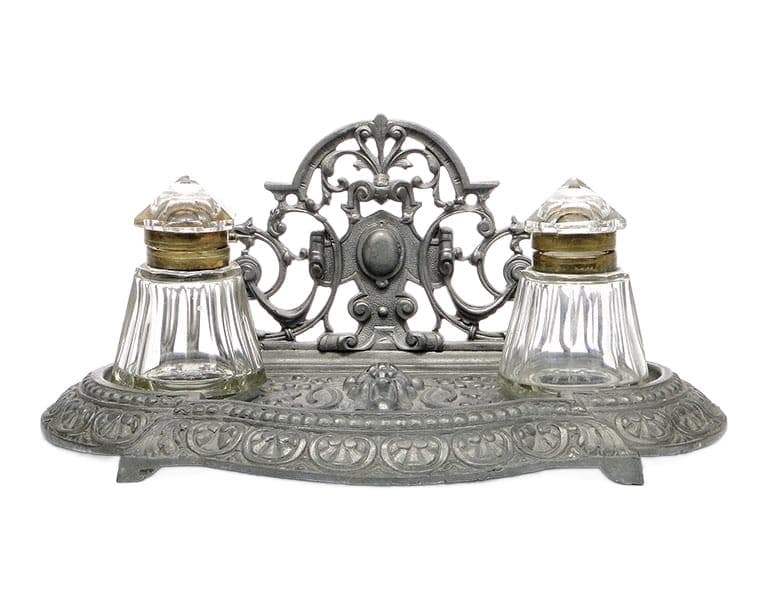 Kałamarz eklektyczny, srebrny, inny metal, kryształ przezroczysty, mosiądz złoty, Austria, lata 90. XIX w. - 361844