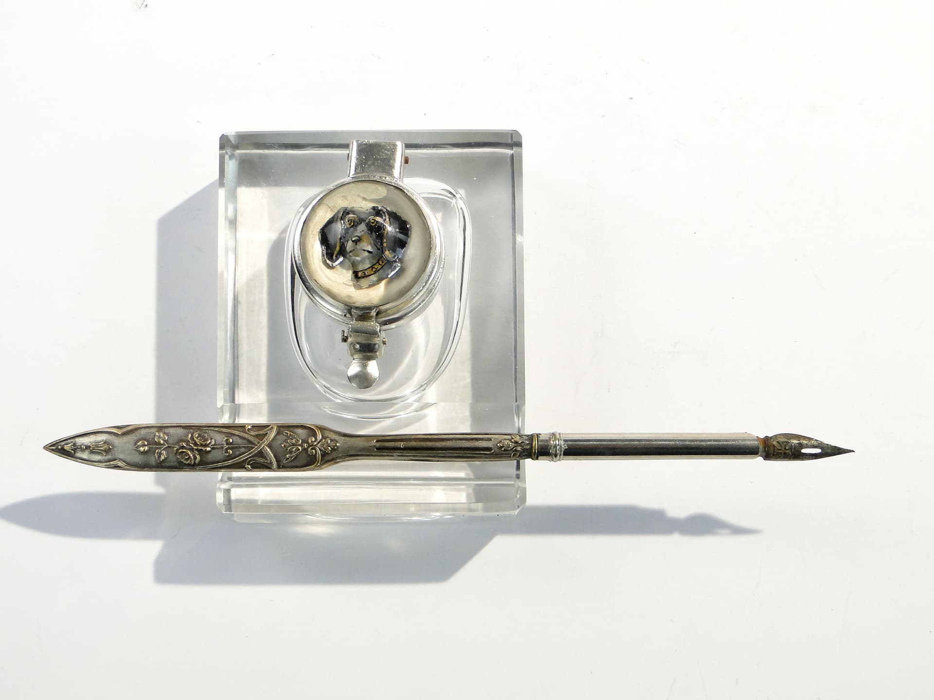 Kałamarz biedermeier, kryształ przezroczysty, mosiądz srebrny, Austria, XIX w. - 361341