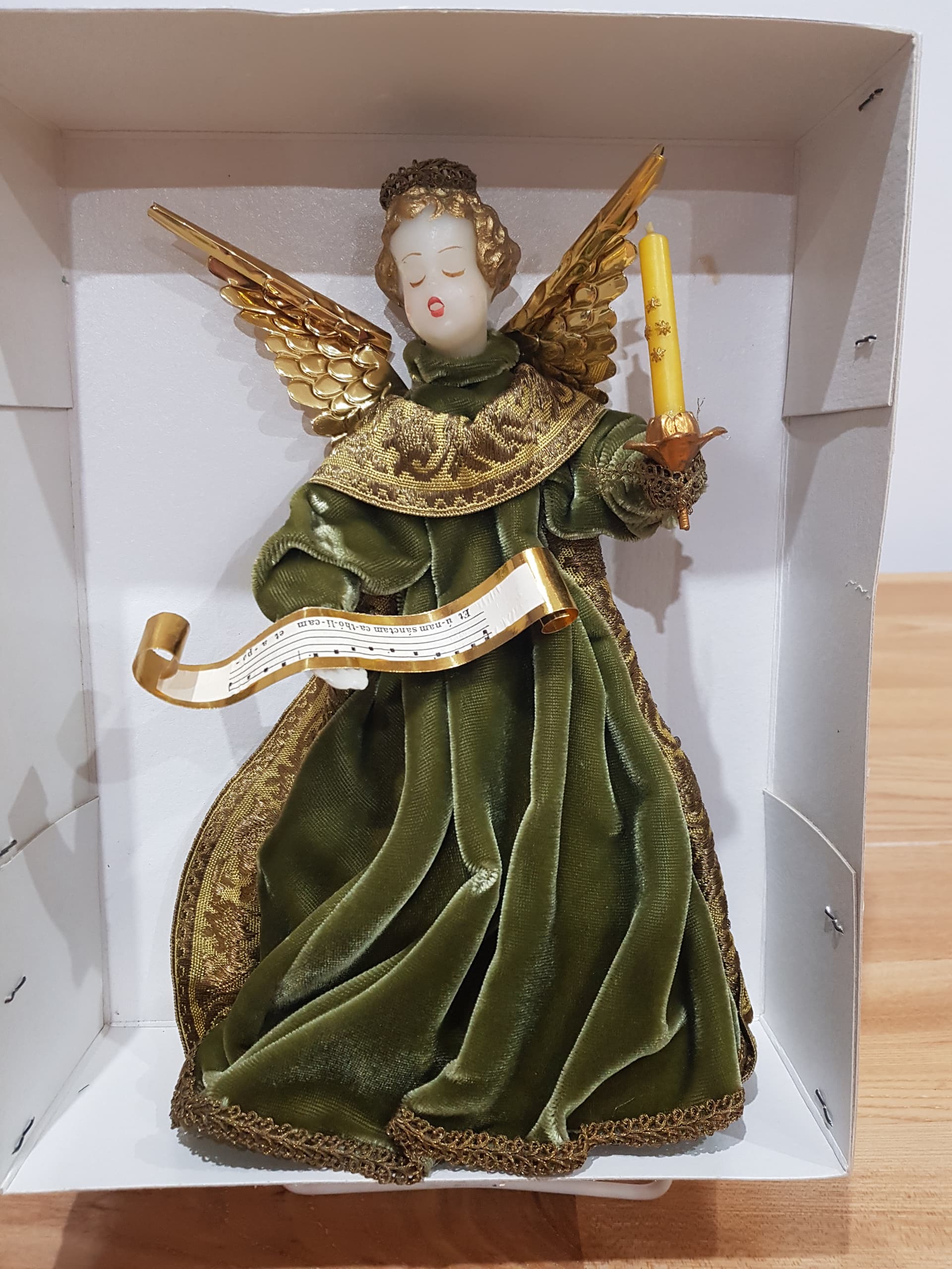 Zestaw trzech figurek aniołków, zielony złoty, wosk tkanina, Koestel, Niemcy, lata 70. - 361411
