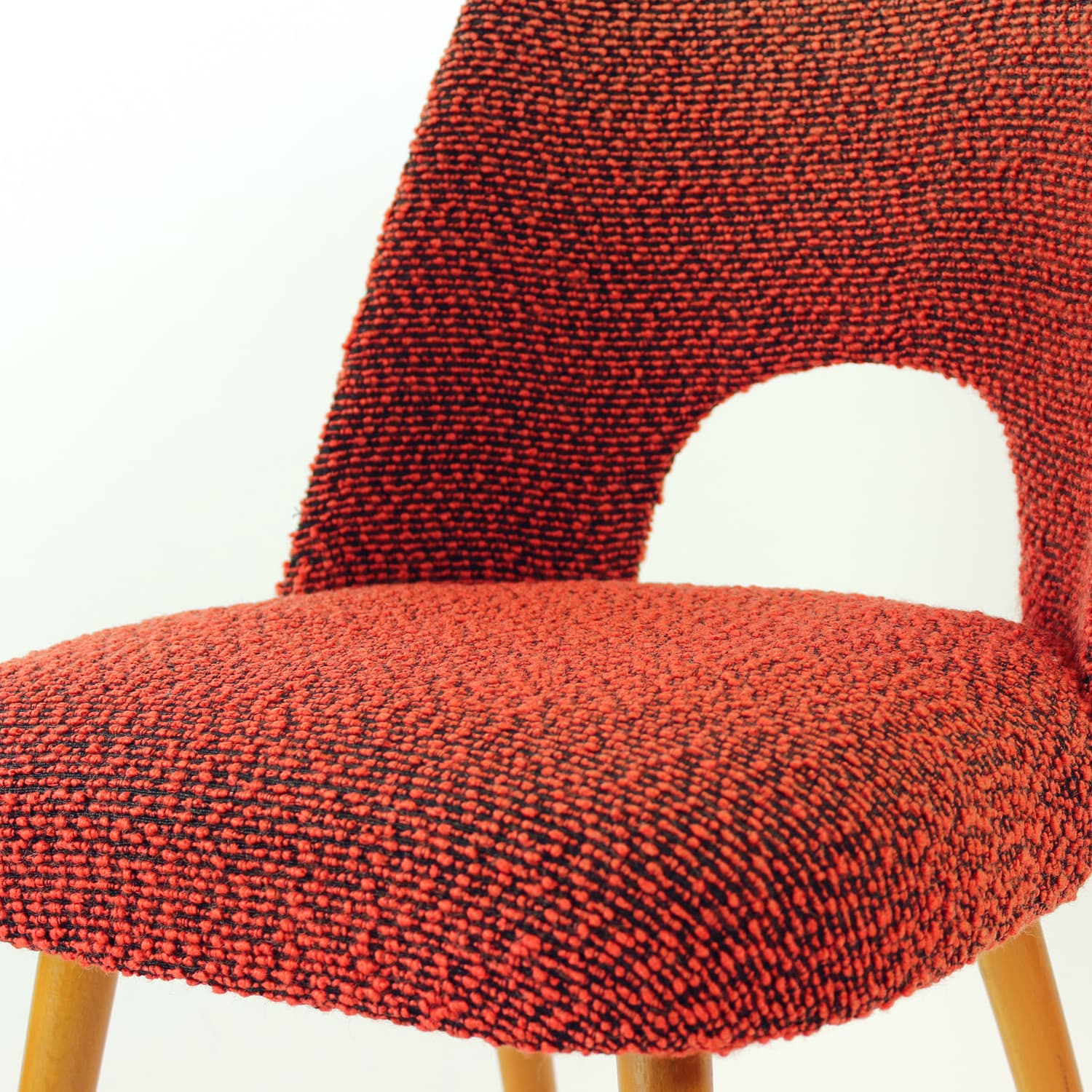 Set of four dining chairs, brick red black orange fabric, light oak, by O. Haerdtl, TON, Czechoslovakia, 1960s - 361445
