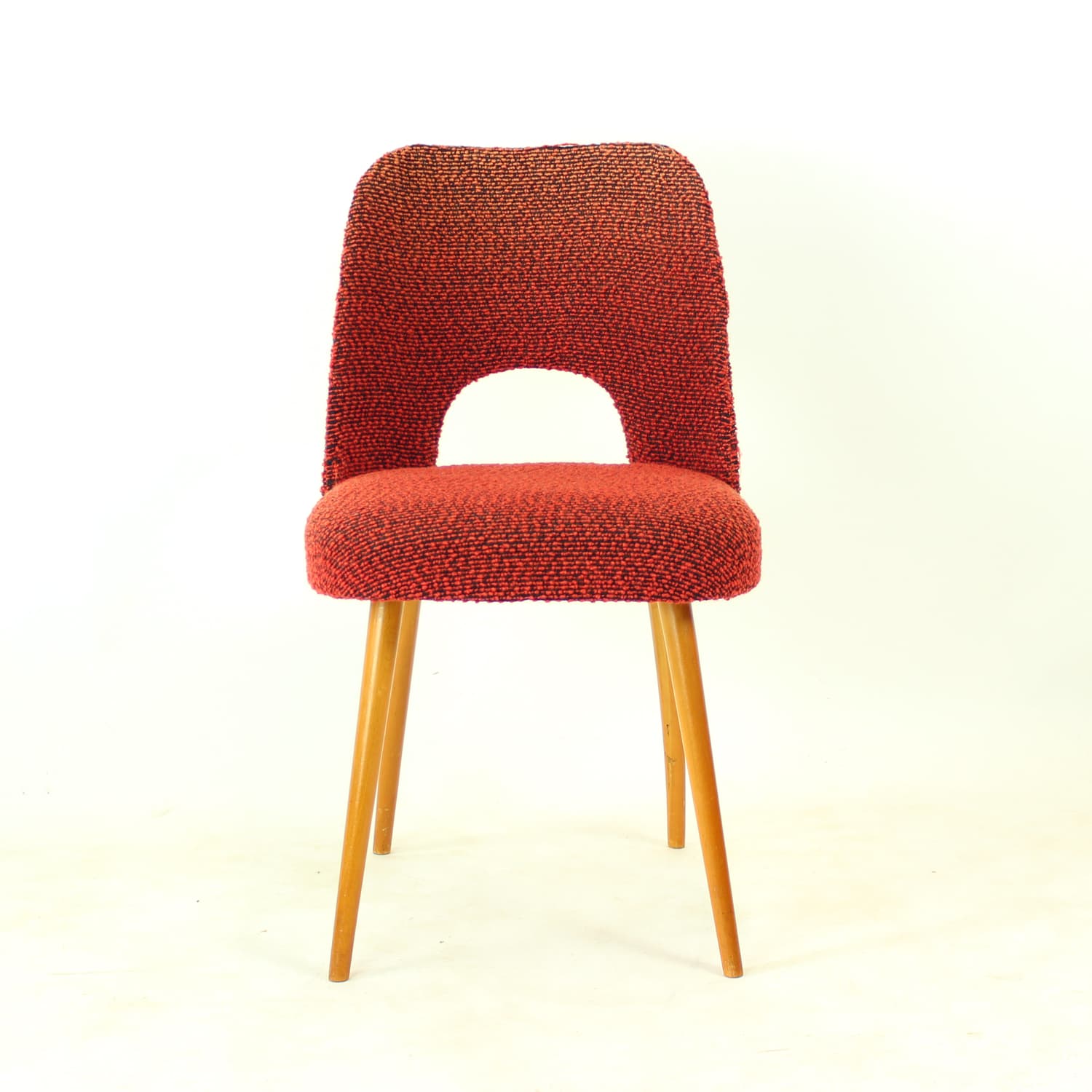 Set of four dining chairs, brick red black orange fabric, light oak, by O. Haerdtl, TON, Czechoslovakia, 1960s - 361435