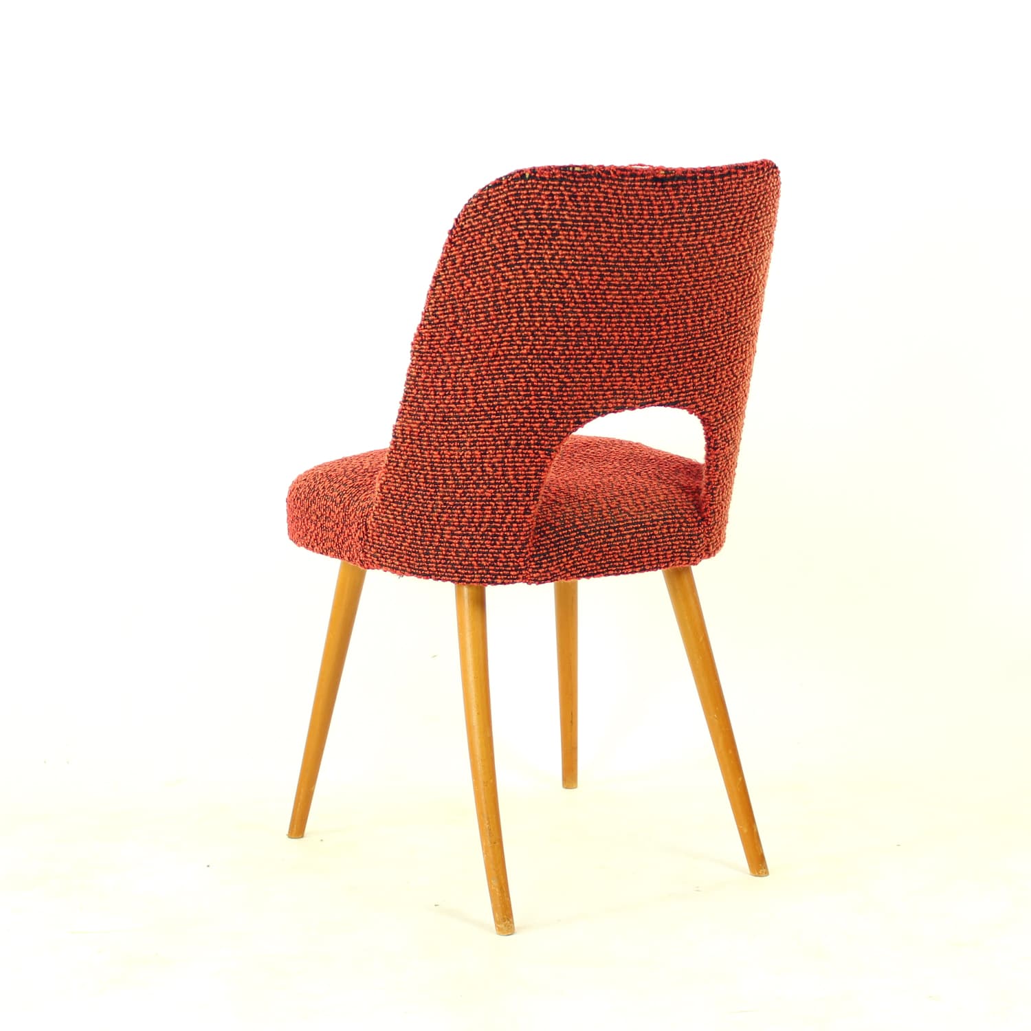 Set of four dining chairs, brick red black orange fabric, light oak, by O. Haerdtl, TON, Czechoslovakia, 1960s - 361437