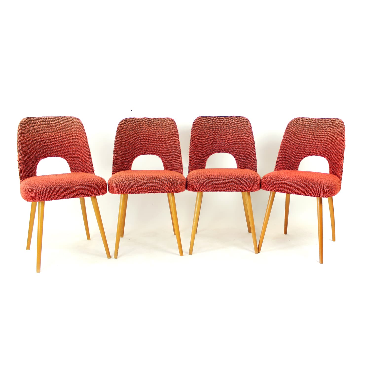 Set of four dining chairs, brick red black orange fabric, light oak, by O. Haerdtl, TON, Czechoslovakia, 1960s - 361434