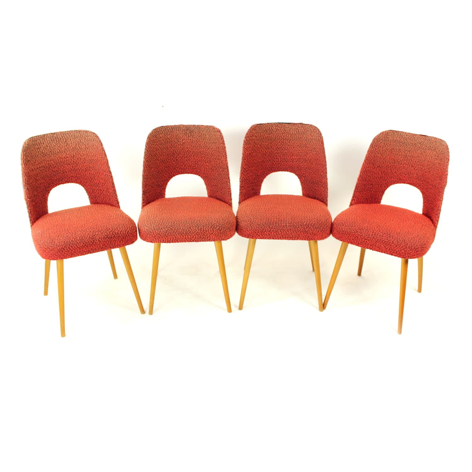 Set of four dining chairs, brick red black orange fabric, light oak, by O. Haerdtl, TON, Czechoslovakia, 1960s - 361433