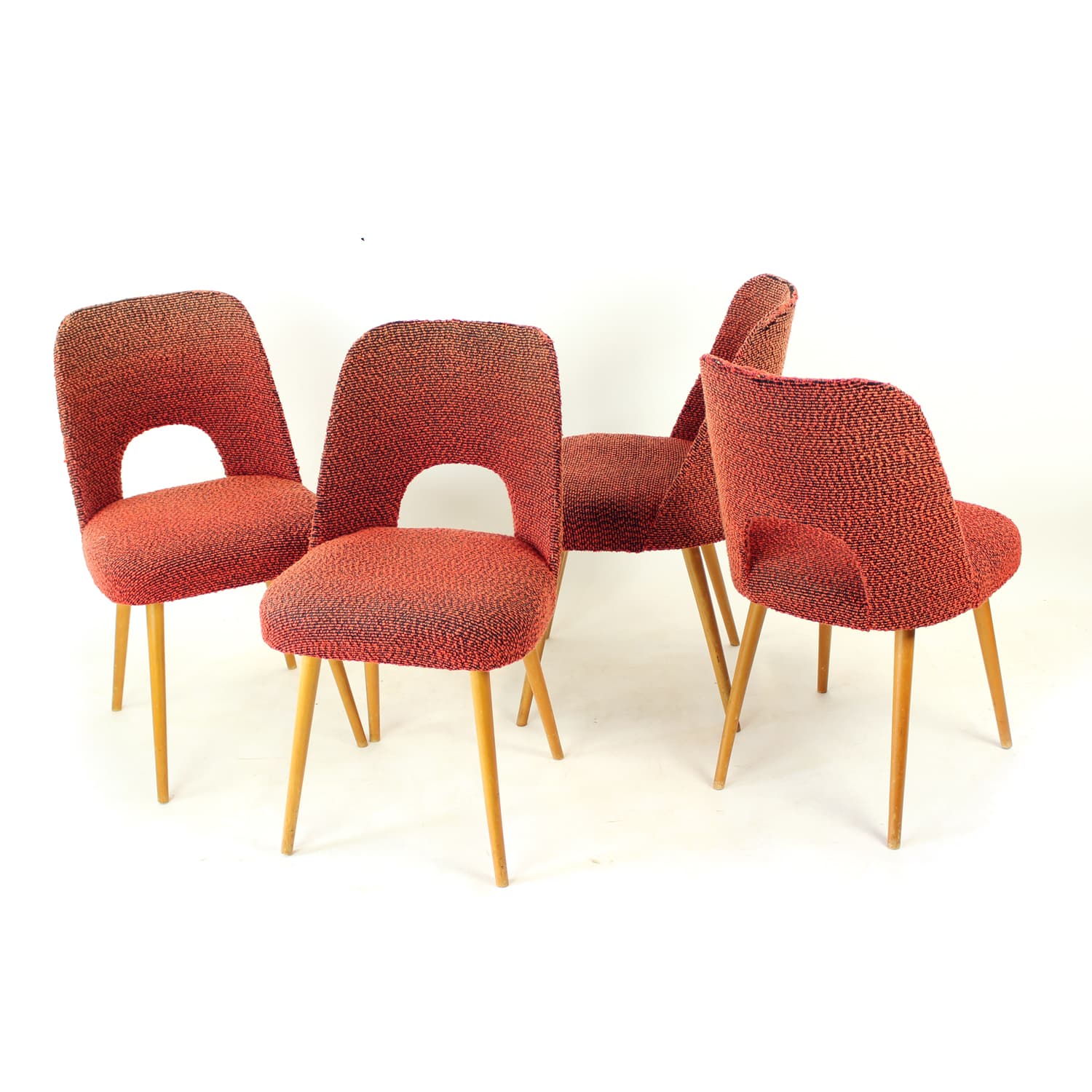Set of four dining chairs, brick red black orange fabric, light oak, by O. Haerdtl, TON, Czechoslovakia, 1960s - 361436