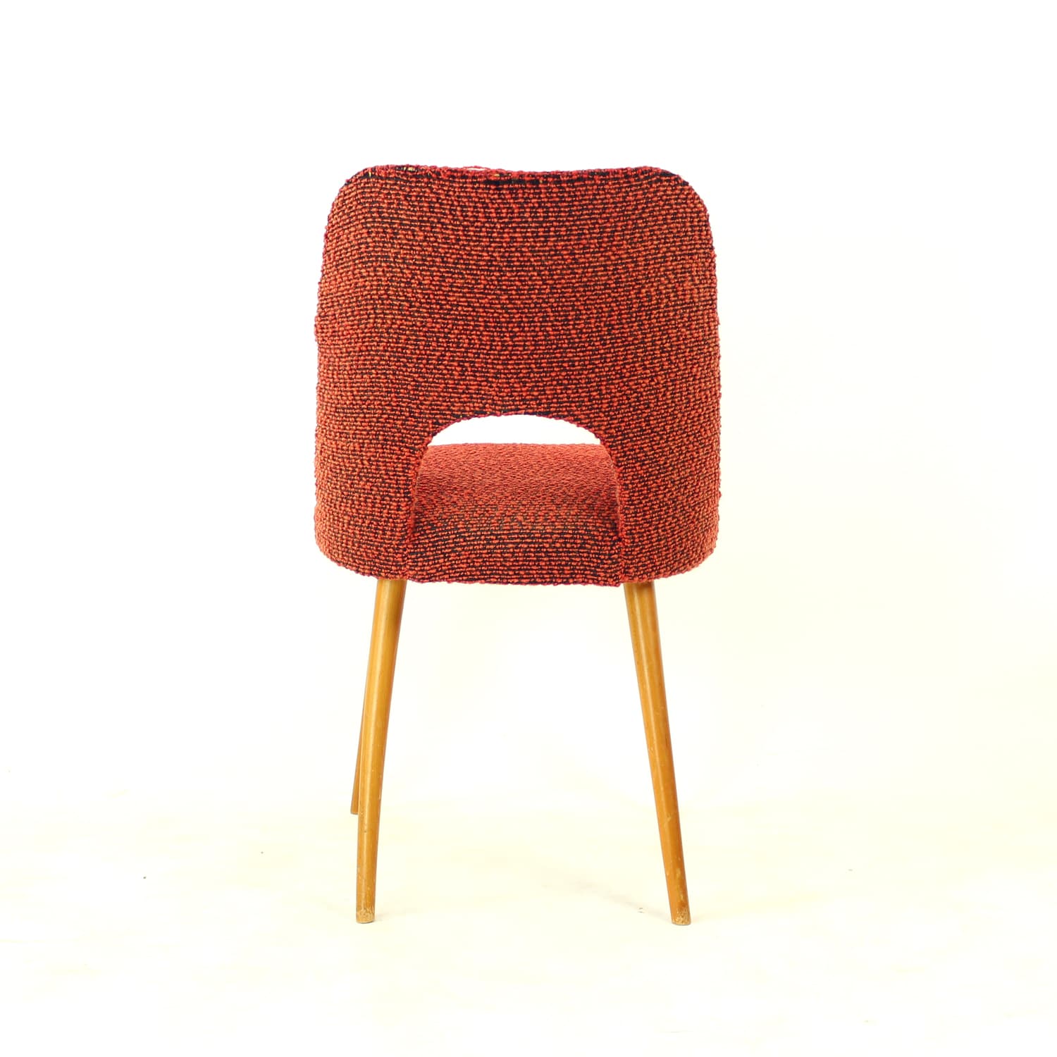 Set of four dining chairs, brick red black orange fabric, light oak, by O. Haerdtl, TON, Czechoslovakia, 1960s - 361441