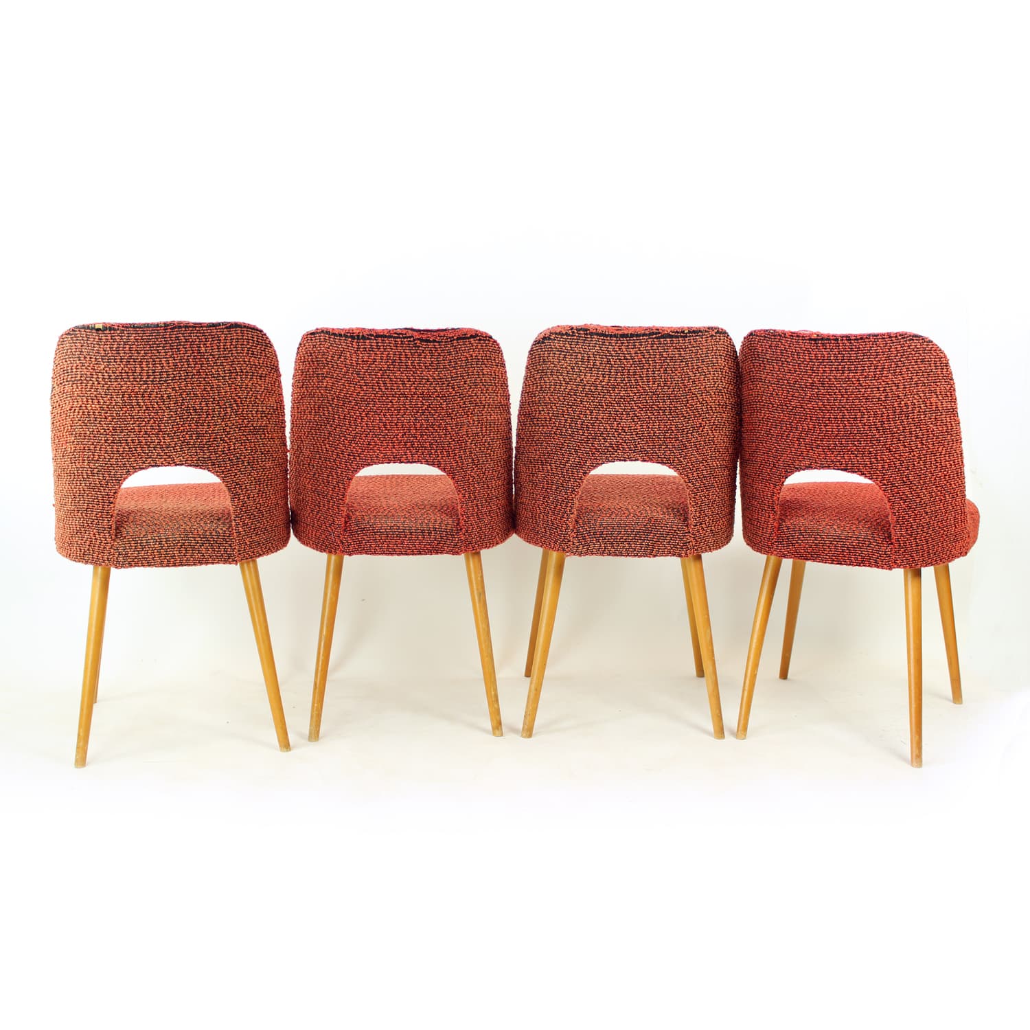 Set of four dining chairs, brick red black orange fabric, light oak, by O. Haerdtl, TON, Czechoslovakia, 1960s - 361438