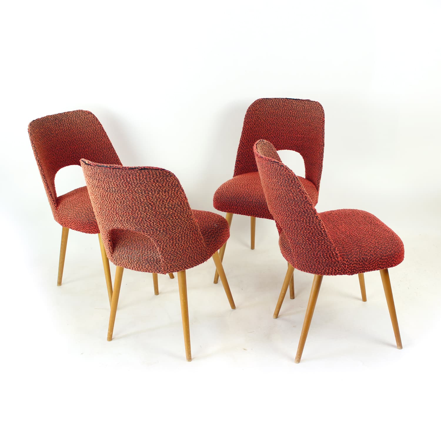 Set of four dining chairs, brick red black orange fabric, light oak, by O. Haerdtl, TON, Czechoslovakia, 1960s - 361440