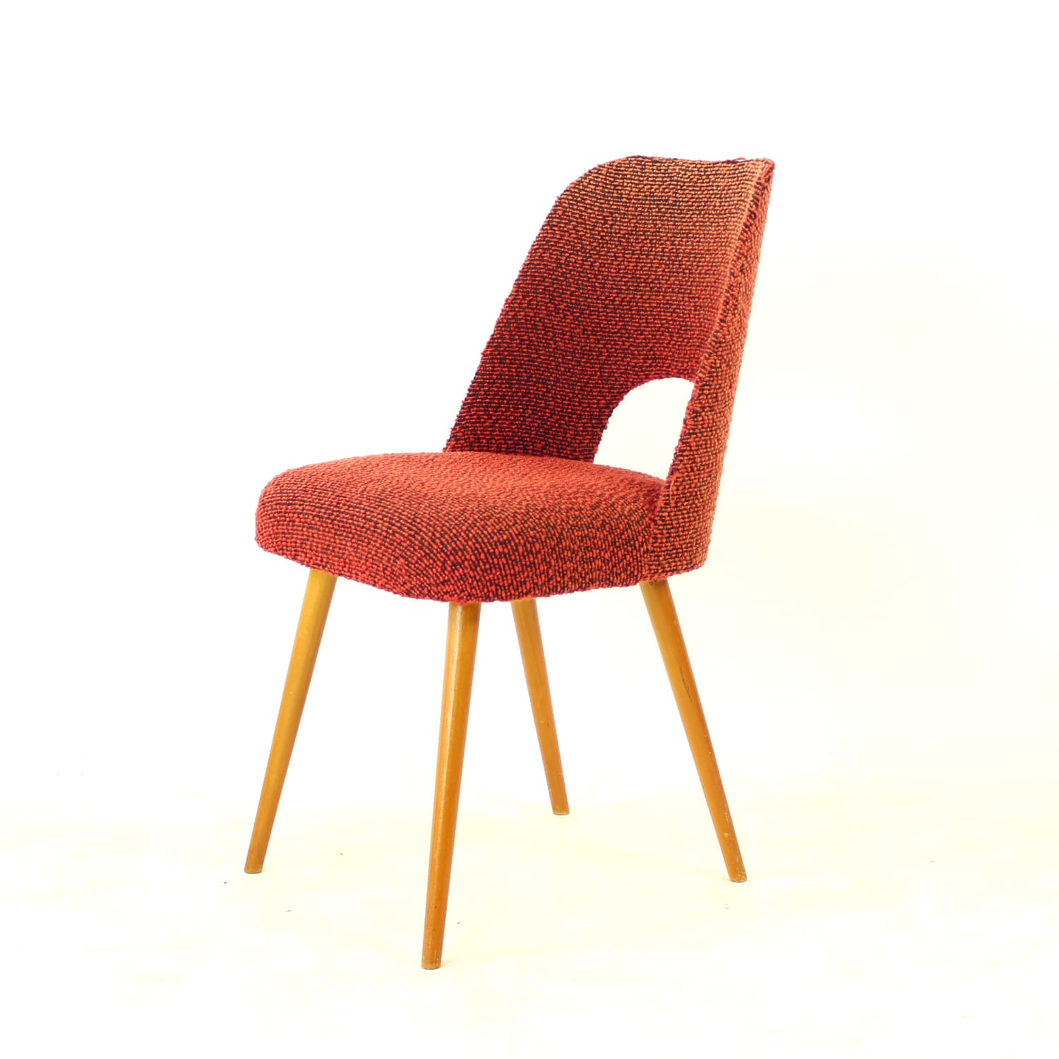 Set of four dining chairs, brick red black orange fabric, light oak, by O. Haerdtl, TON, Czechoslovakia, 1960s - 361432
