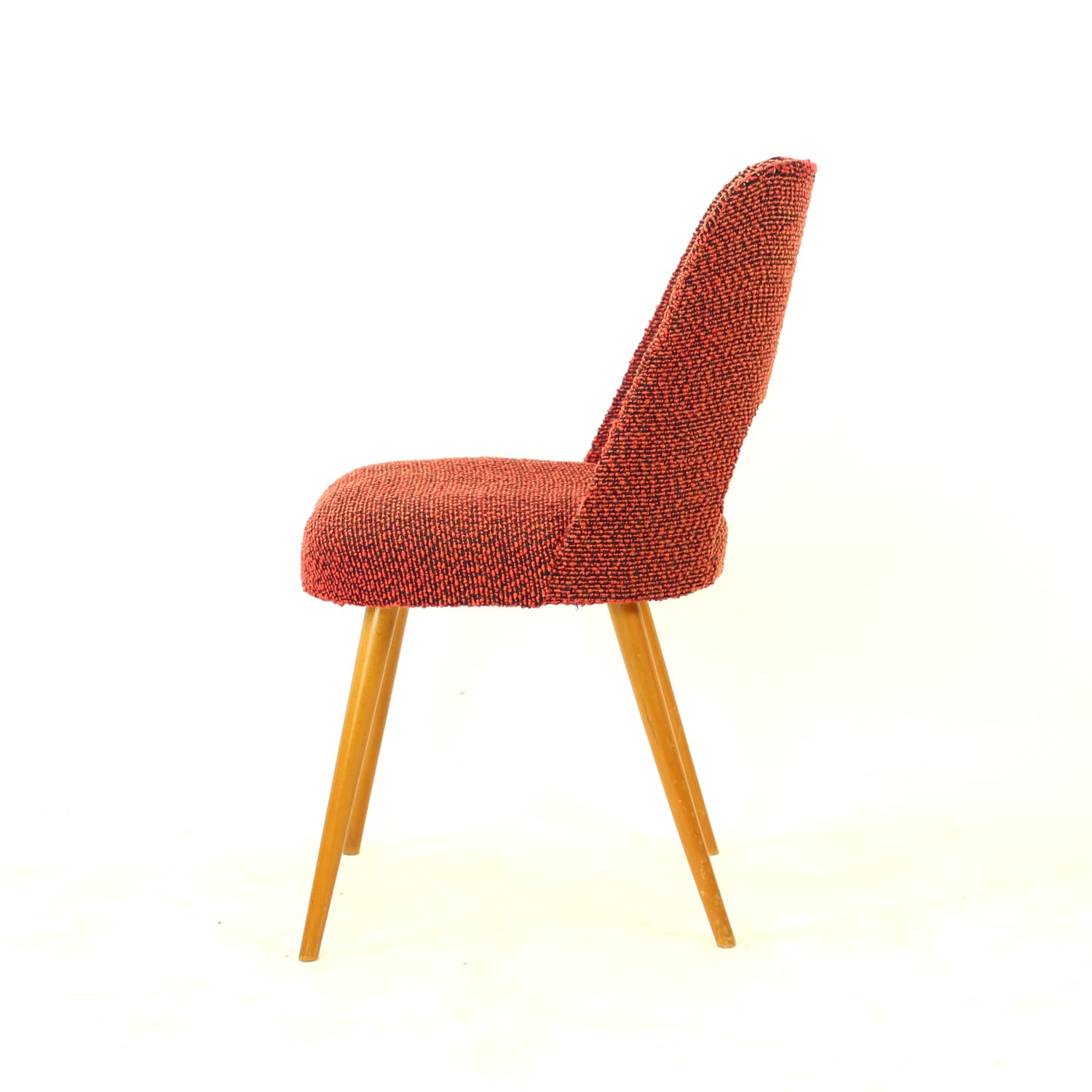 Set of four dining chairs, brick red black orange fabric, light oak, by O. Haerdtl, TON, Czechoslovakia, 1960s - 361439