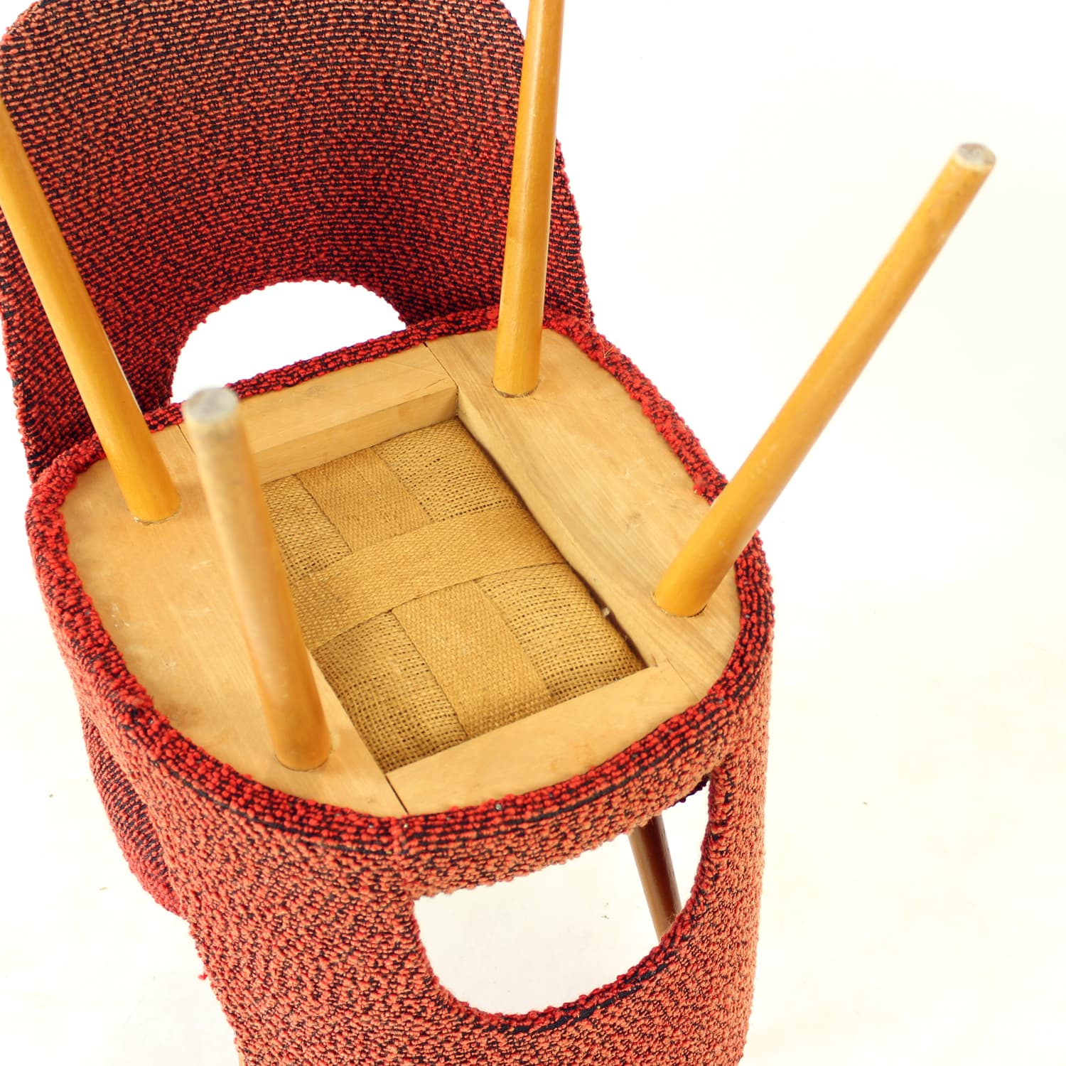 Set of four dining chairs, brick red black orange fabric, light oak, by O. Haerdtl, TON, Czechoslovakia, 1960s - 361442
