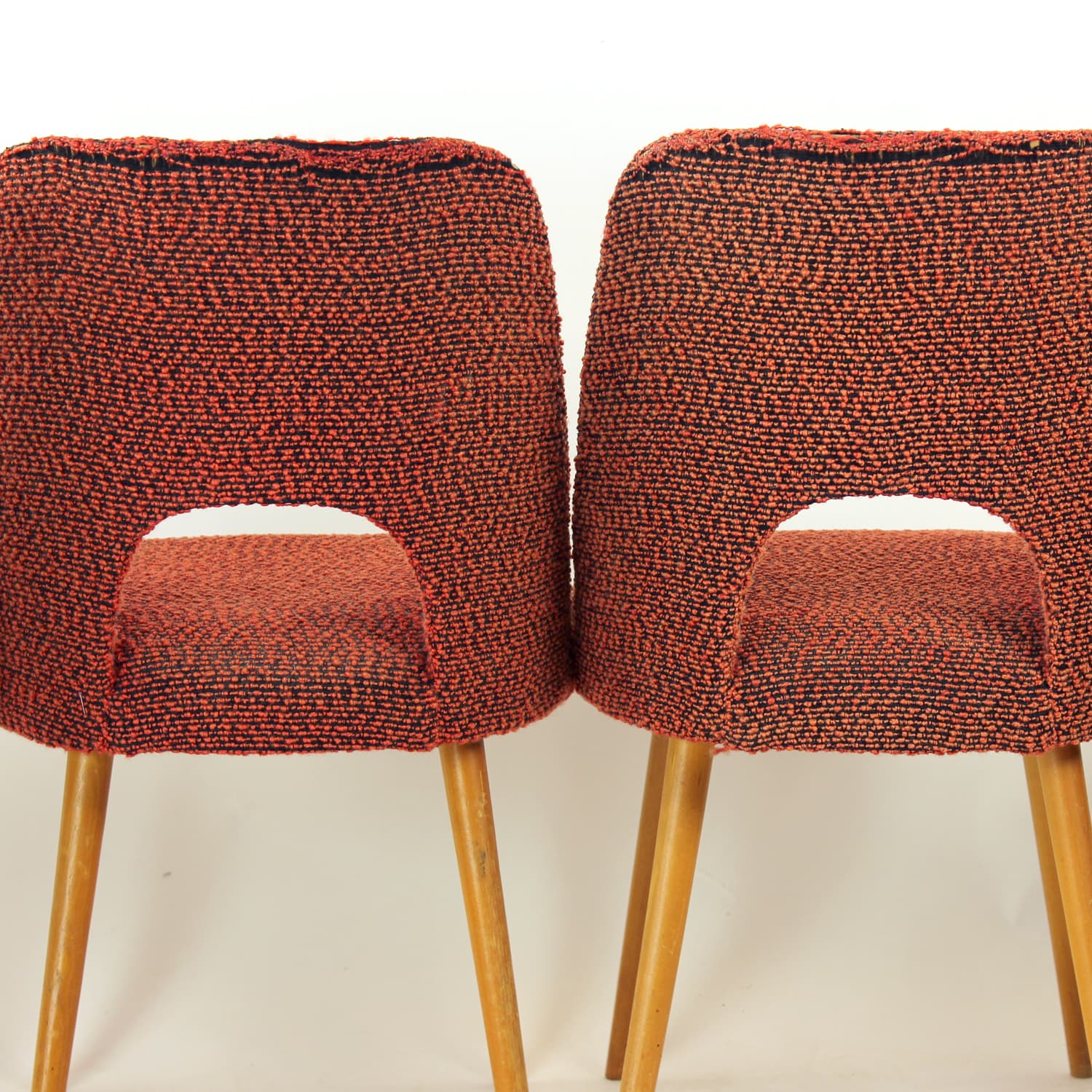 Set of four dining chairs, brick red black orange fabric, light oak, by O. Haerdtl, TON, Czechoslovakia, 1960s - 361444