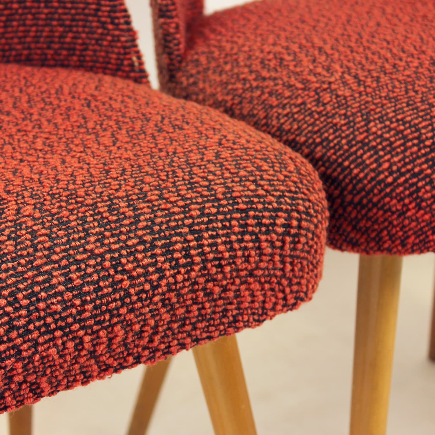 Set of four dining chairs, brick red black orange fabric, light oak, by O. Haerdtl, TON, Czechoslovakia, 1960s - 361443