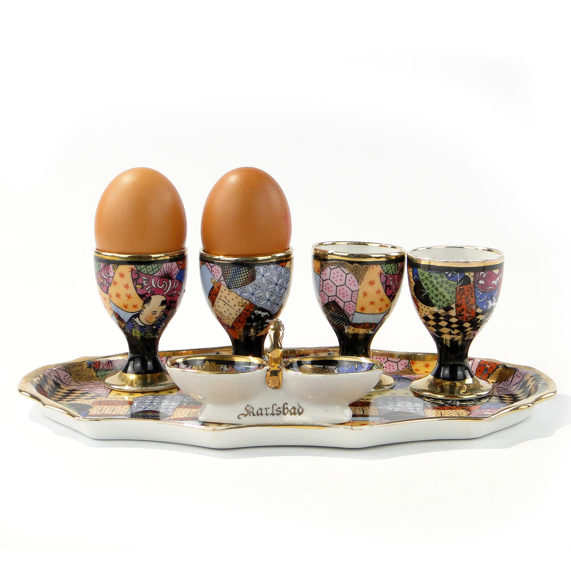 Egg set Art Deco, white multicolour gilded porcelain, Epiag, Czechoslovakia, 1930s - 361482