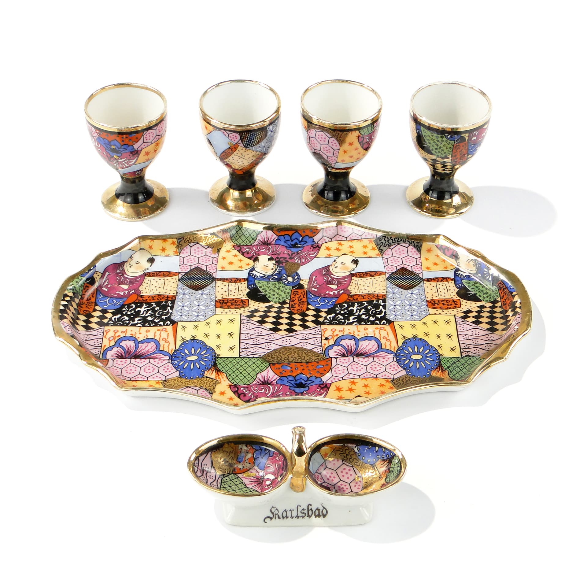 Egg set Art Deco, white multicolour gilded porcelain, Epiag, Czechoslovakia, 1930s - 361486
