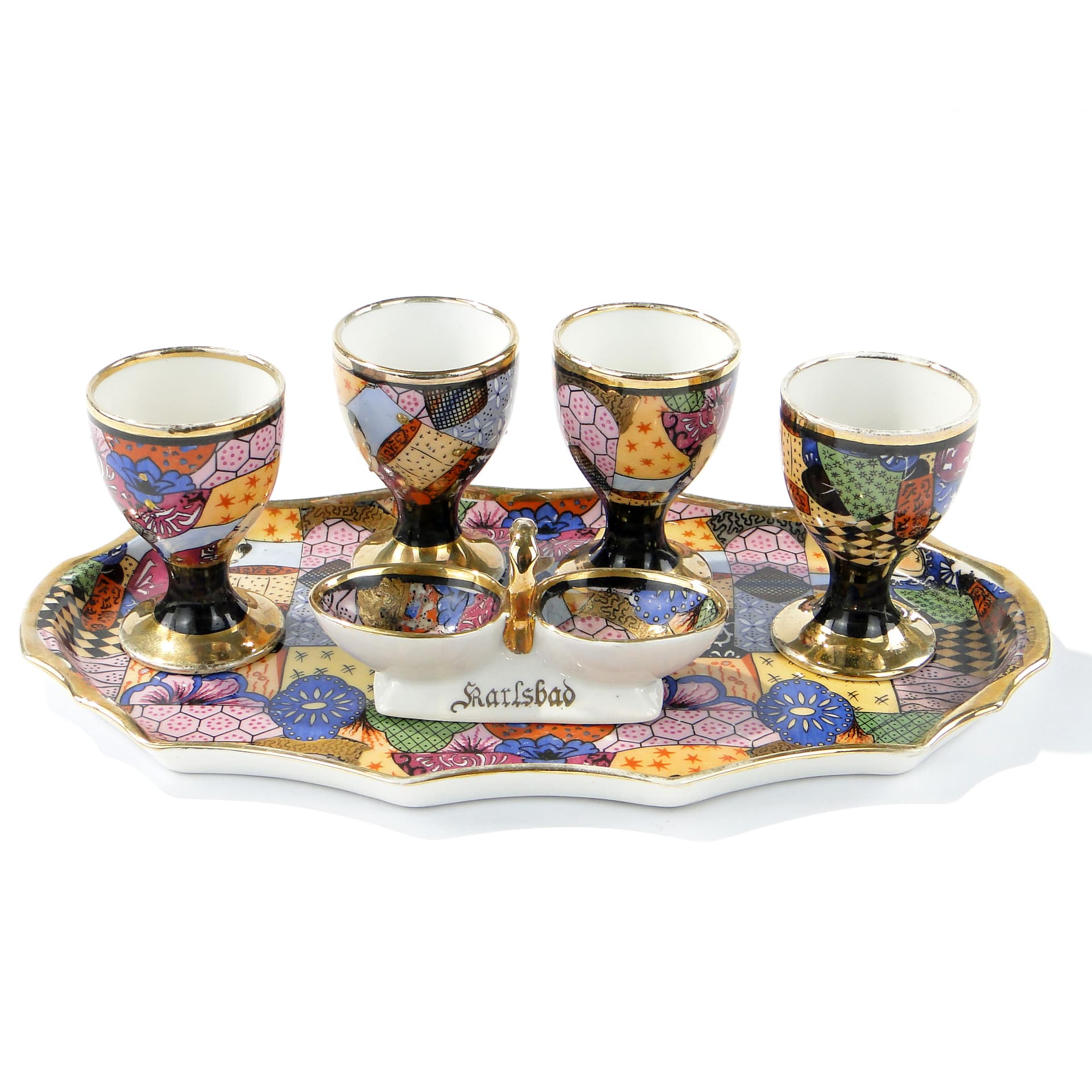 Egg set Art Deco, white multicolour gilded porcelain, Epiag, Czechoslovakia, 1930s - 361483