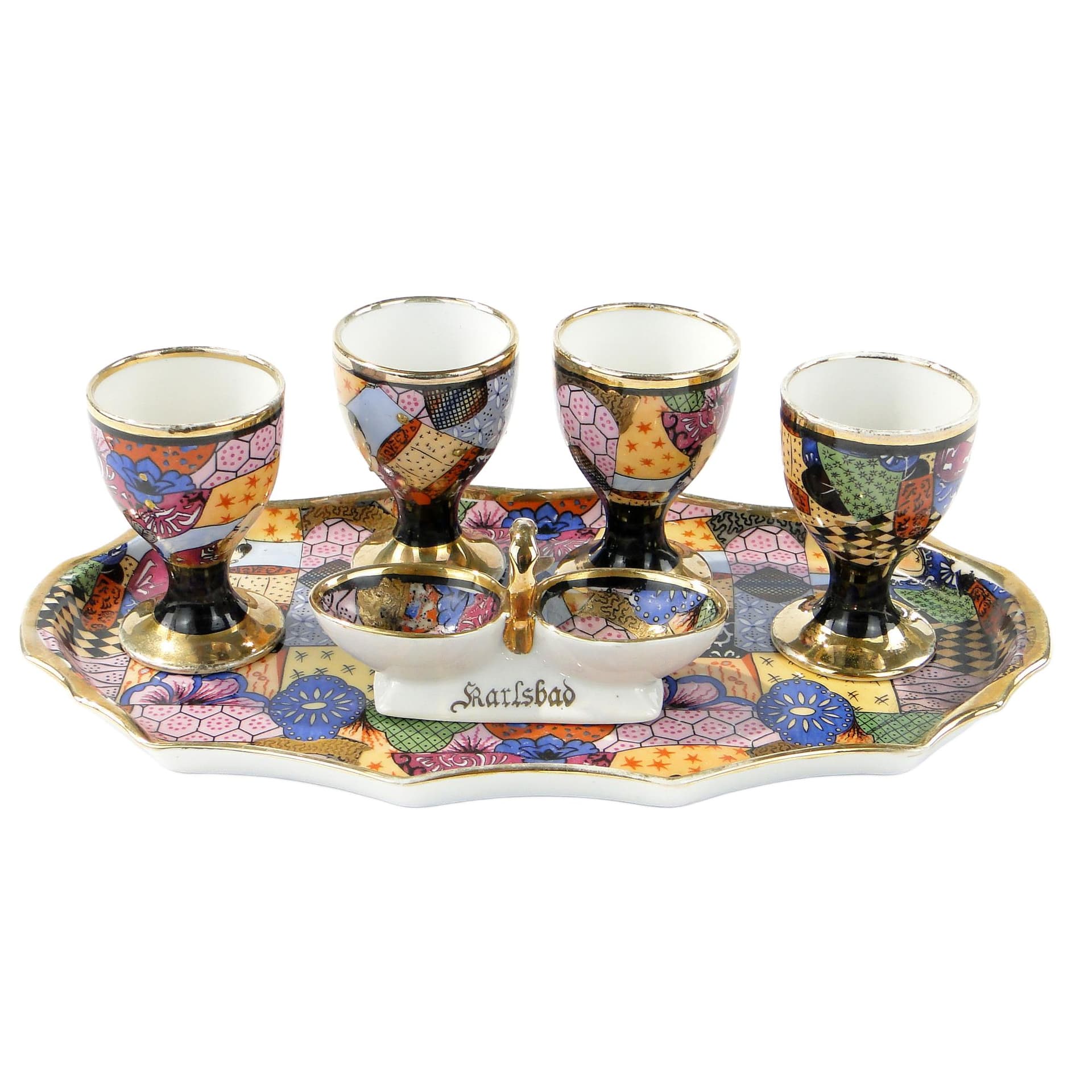 Egg set Art Deco, white multicolour gilded porcelain, Epiag, Czechoslovakia, 1930s - 361821