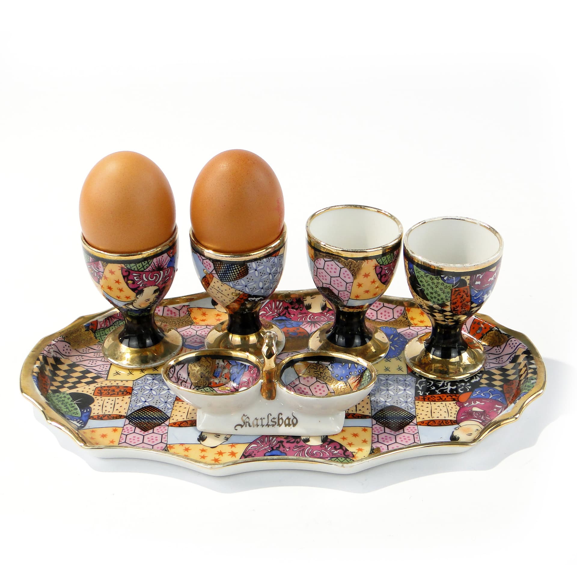 Egg set Art Deco, white multicolour gilded porcelain, Epiag, Czechoslovakia, 1930s - 361485