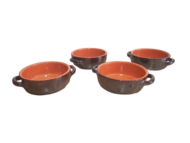 Zestaw czterech garnuszków do fondue, brązowy pomarańczowy, ceramika szkliwiona, Albisola Coop Stov, Włochy, lata 80. - WYMIARY
