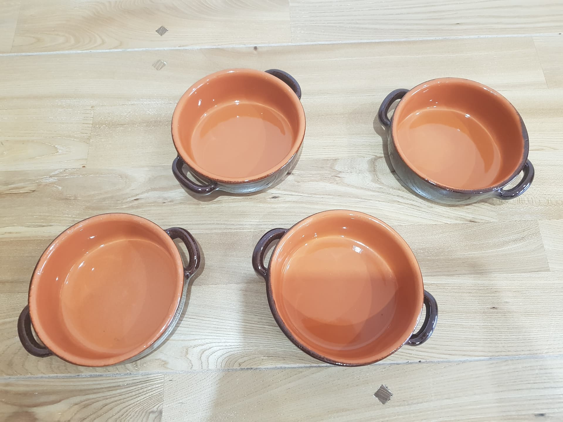 Zestaw czterech garnuszków do fondue, brązowy pomarańczowy, ceramika szkliwiona, Albisola Coop Stov, Włochy, lata 80. - 361600