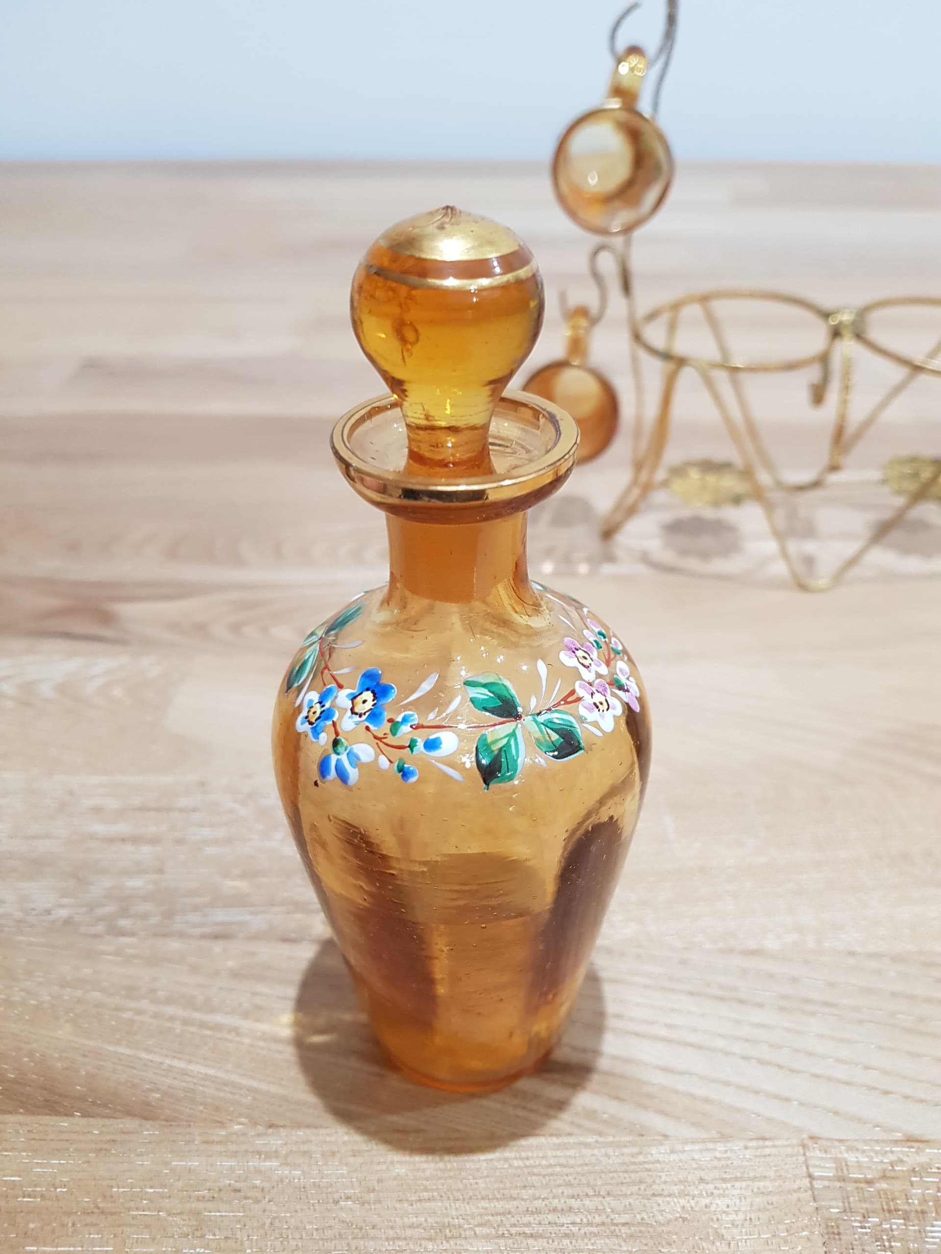Six-piece liqueur set, amber glass, brass, France, 19th c. - 361647