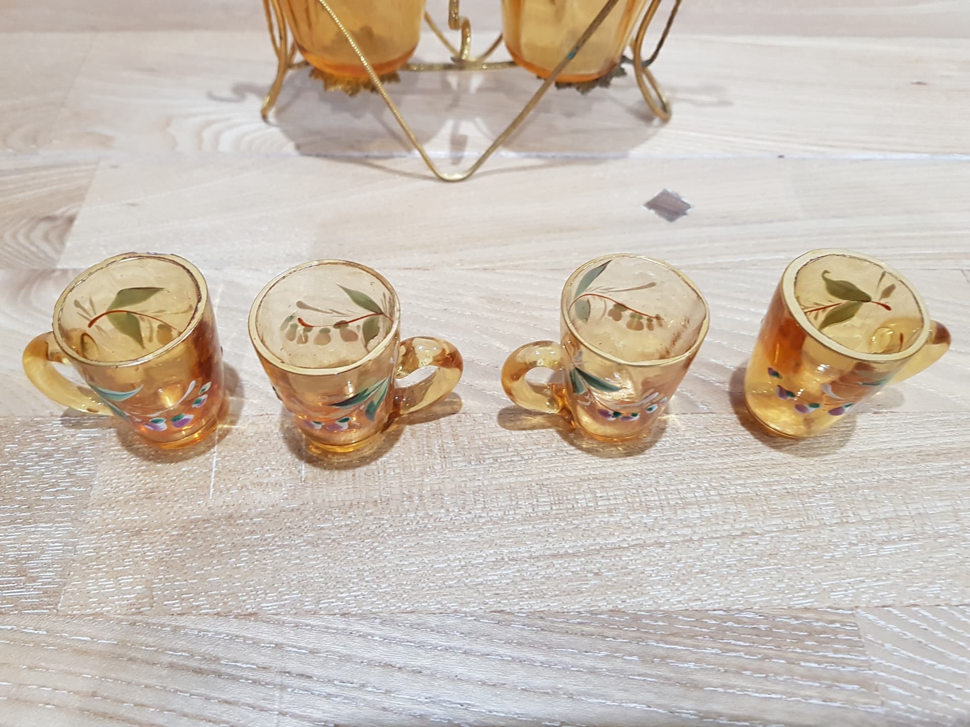 Six-piece liqueur set, amber glass, brass, France, 19th c. - 361655
