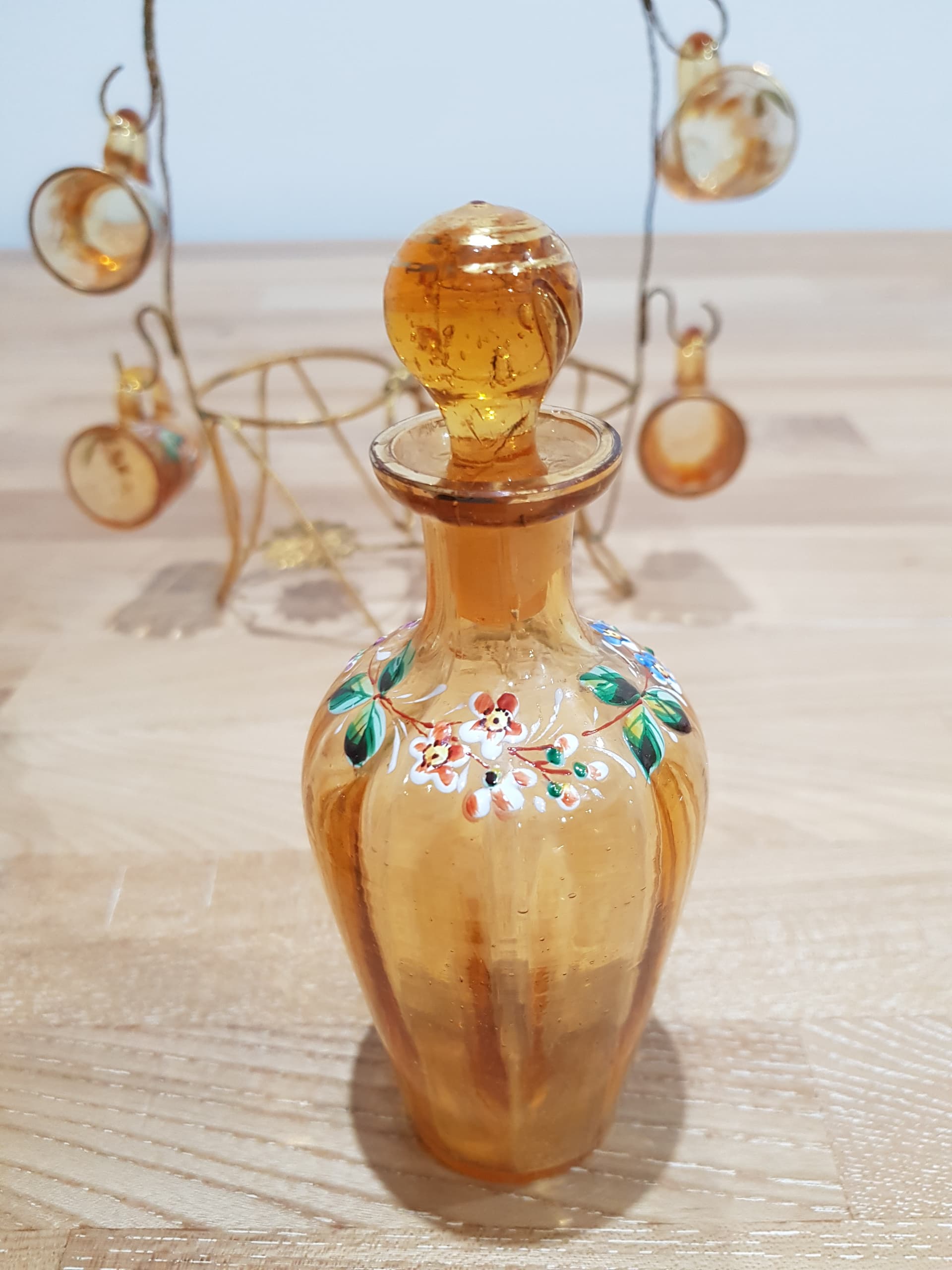 Six-piece liqueur set, amber glass, brass, France, 19th c. - 361650