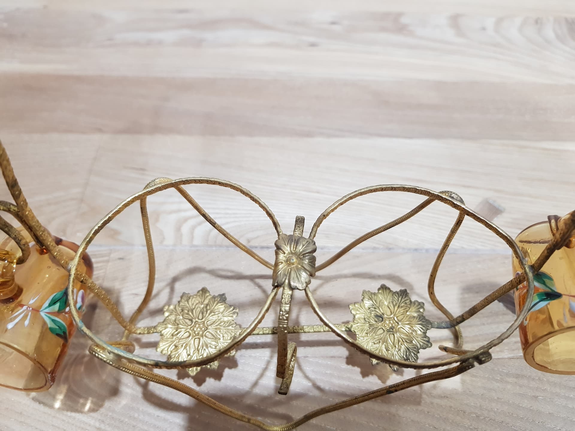 Six-piece liqueur set, amber glass, brass, France, 19th c. - 361649