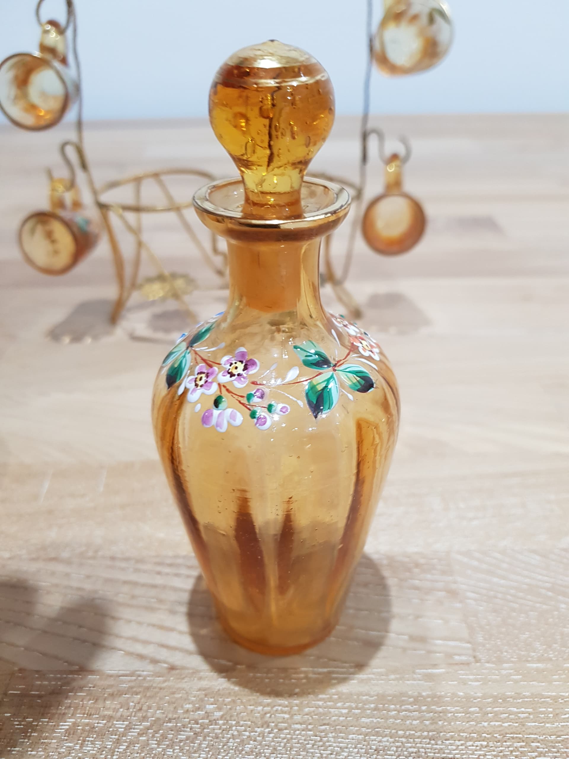 Six-piece liqueur set, amber glass, brass, France, 19th c. - 361648