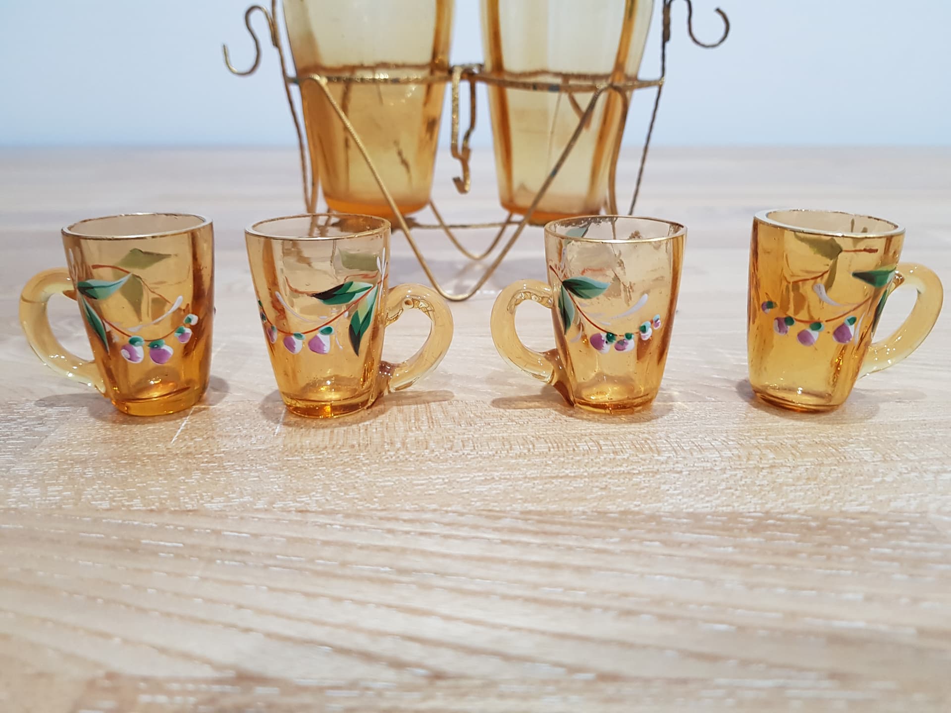 Six-piece liqueur set, amber glass, brass, France, 19th c. - 361651