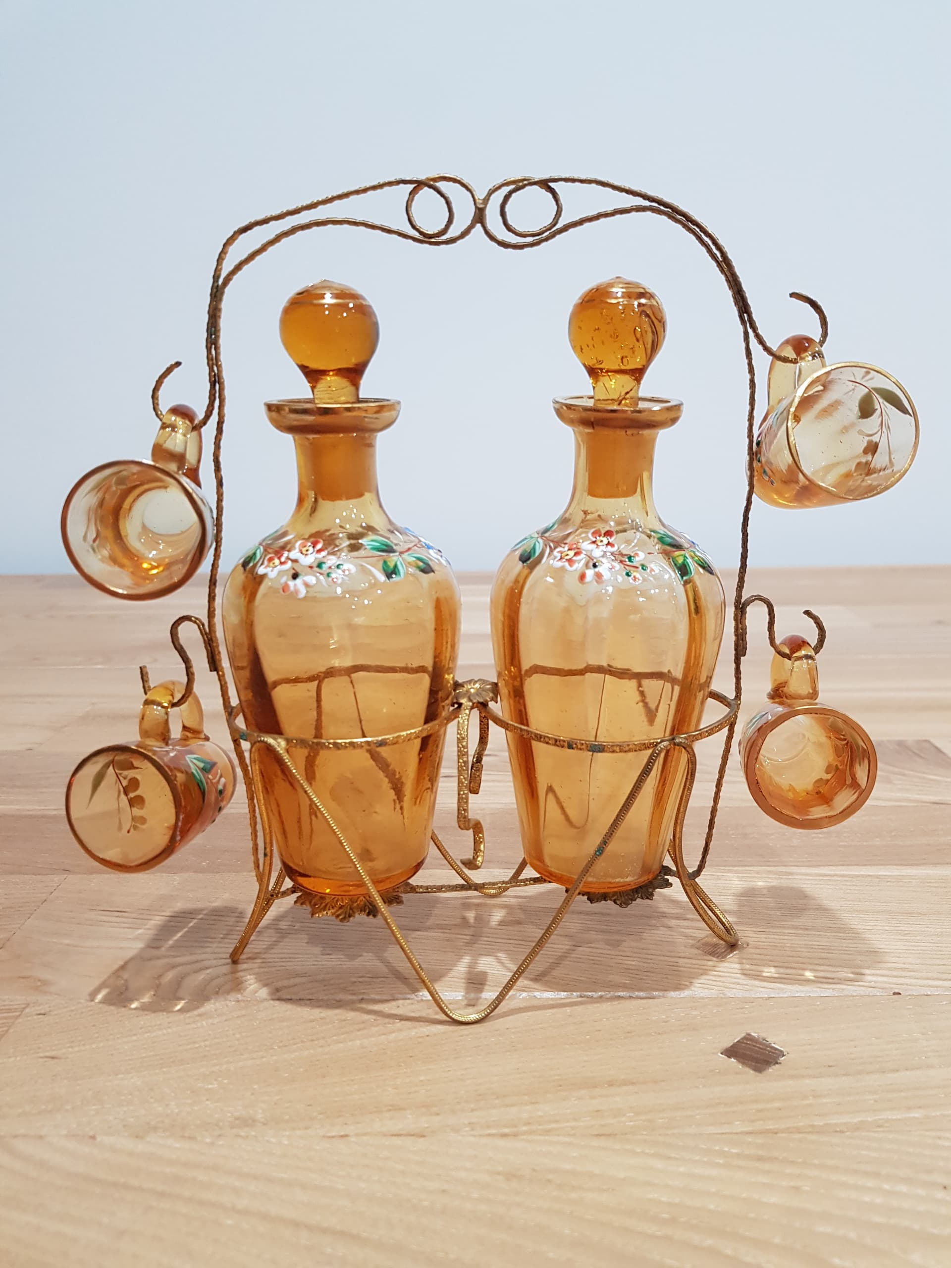 Six-piece liqueur set, amber glass, brass, France, 19th c. - 361654