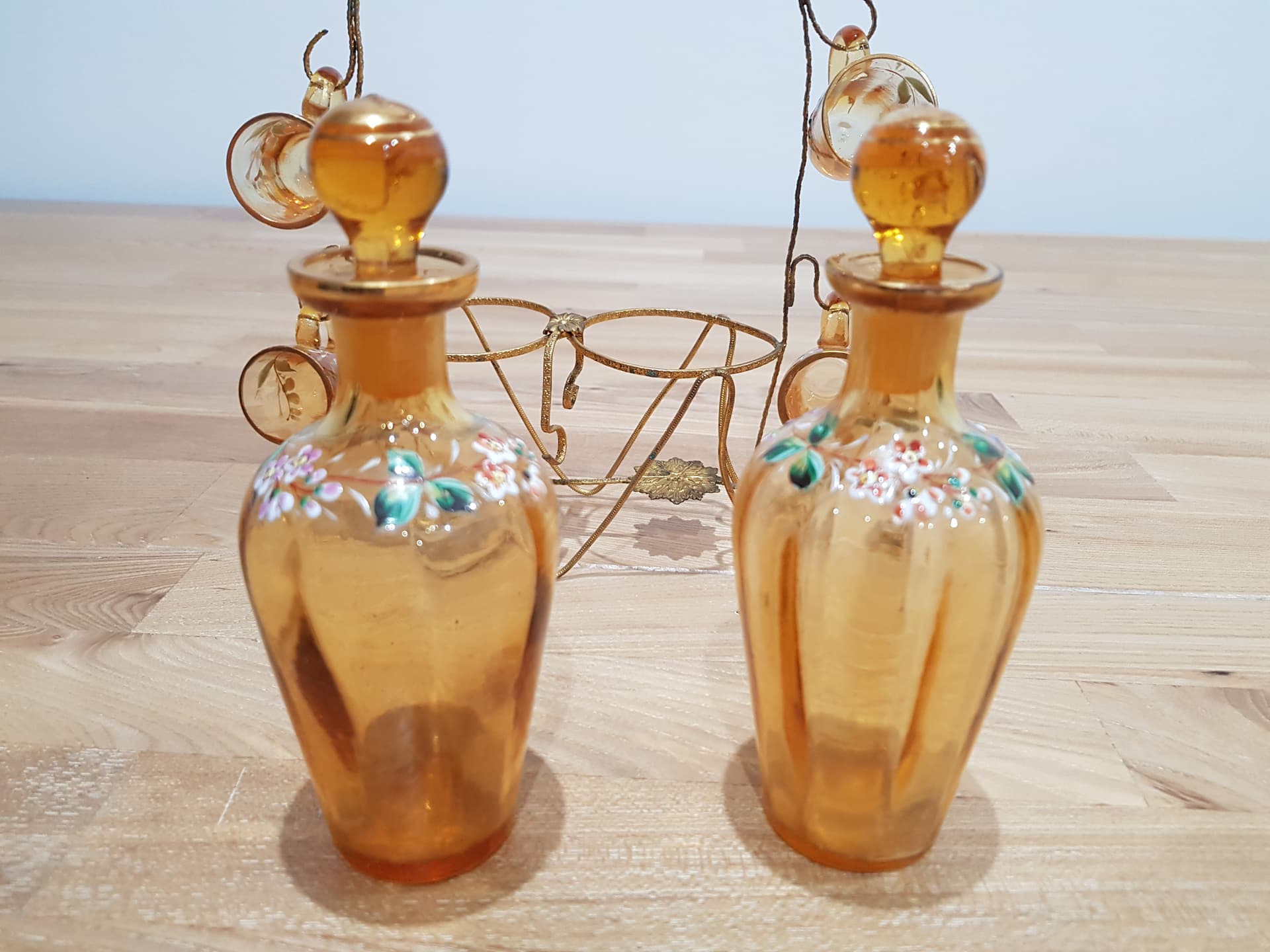 Six-piece liqueur set, amber glass, brass, France, 19th c. - 361646