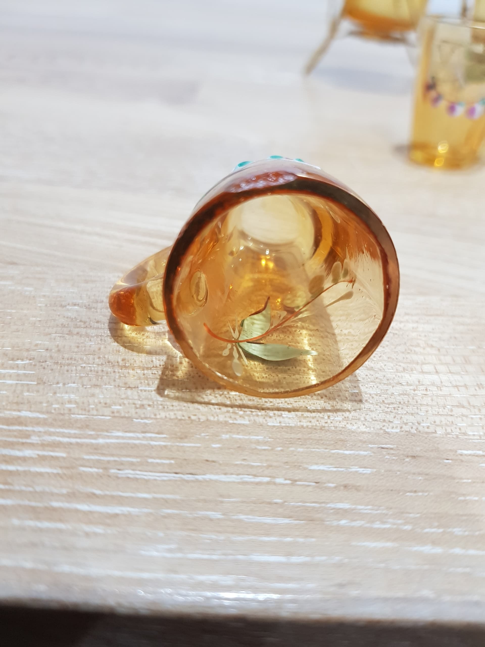 Six-piece liqueur set, amber glass, brass, France, 19th c. - 361653