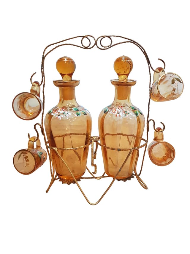Six-piece liqueur set, amber glass, brass, France, 19th c. - DIMENSION